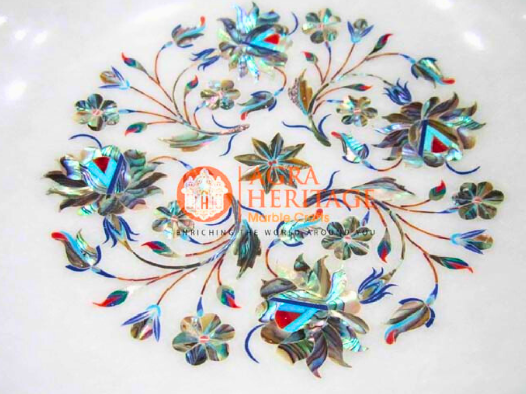 Abalone Pauashell Stone Inlay Floral Work Serving Bowl